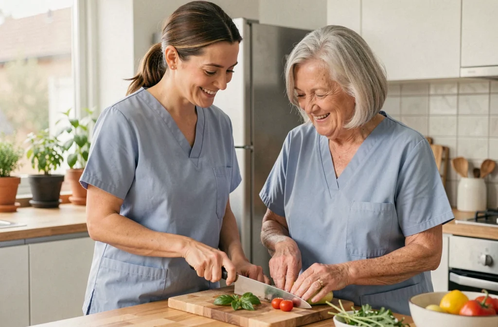 Aide à domicile accompagnant une senior dans sa cuisine pour préparer un repas, service d'accompagnement au quotidien