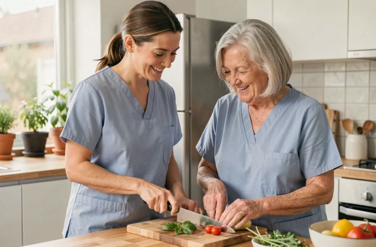 Aide à domicile accompagnant une senior dans sa cuisine pour préparer un repas, service d'accompagnement au quotidien