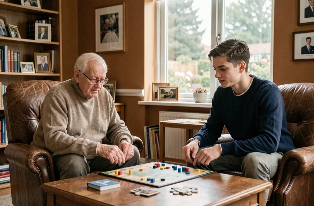 Bénévole jouant à un jeu de société avec un senior dans une résidence pour personnes âgées, animation et lien social
