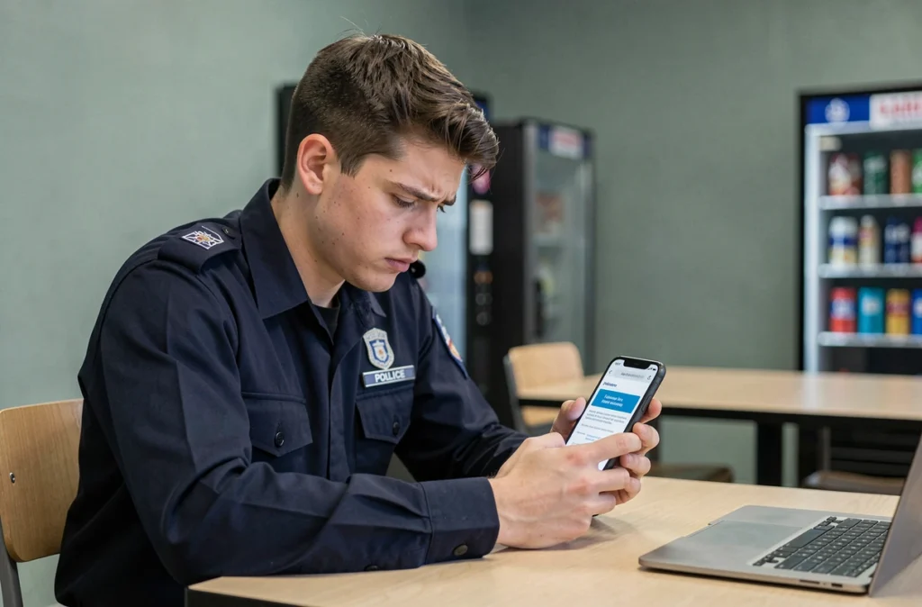Jeune cadet de police consultant la page de récupération de compte e-campus Police sur son smartphone dans une salle de pause d'école de formation