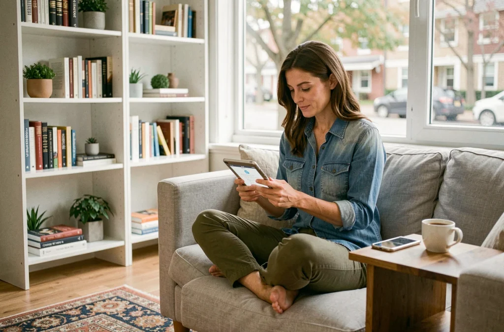 Cheffe d'entreprise consultant une application numérique sur tablette depuis son bureau à domicile moderne