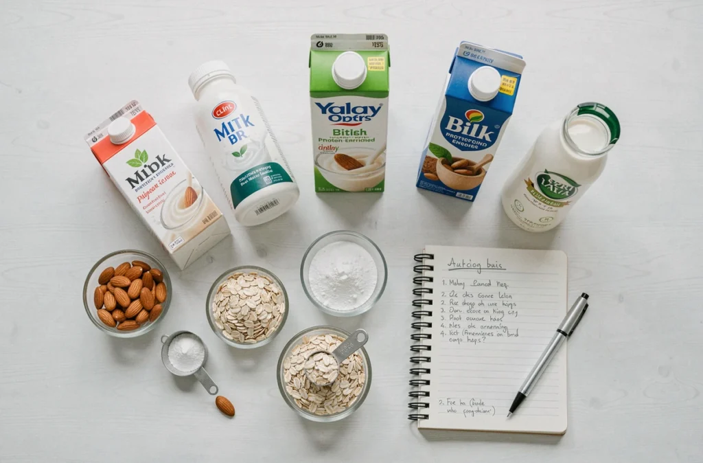 Vue de dessus d'un comparatif de laits protéinés avec différentes bouteilles et cartons disposés sur une surface blanche