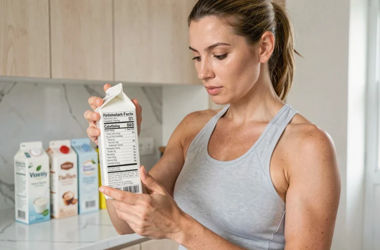 Femme comparant les étiquettes nutritionnelles de différents laits riches en protéines dans une cuisine moderne
