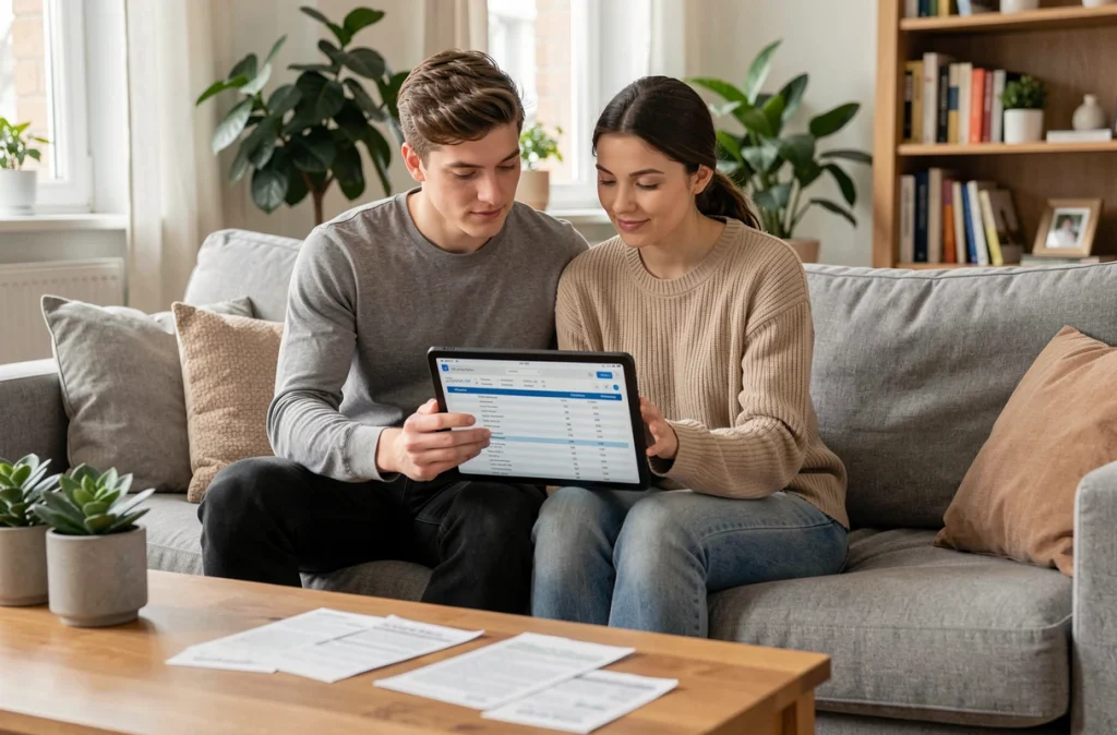 Couple de jeunes adultes planifiant leur budget familial ensemble sur un canapé avec une tablette et des reçus