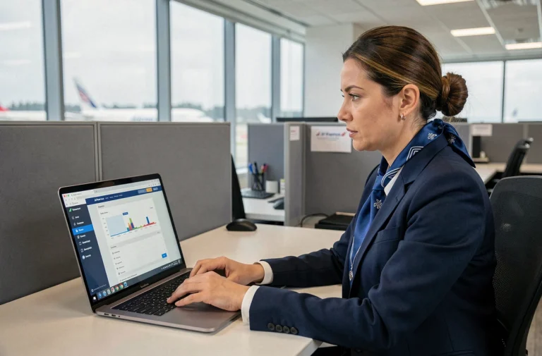 Employée Air France en uniforme consultant le portail intranet Intralignes sur un ordinateur portable dans un bureau moderne