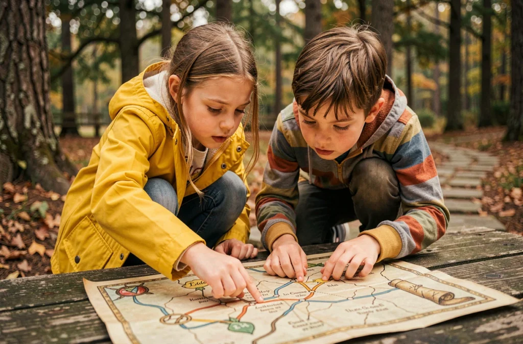 Enfants consultant une carte au trésor illustrée lors d'une aventure en pleine nature pendant les vacances