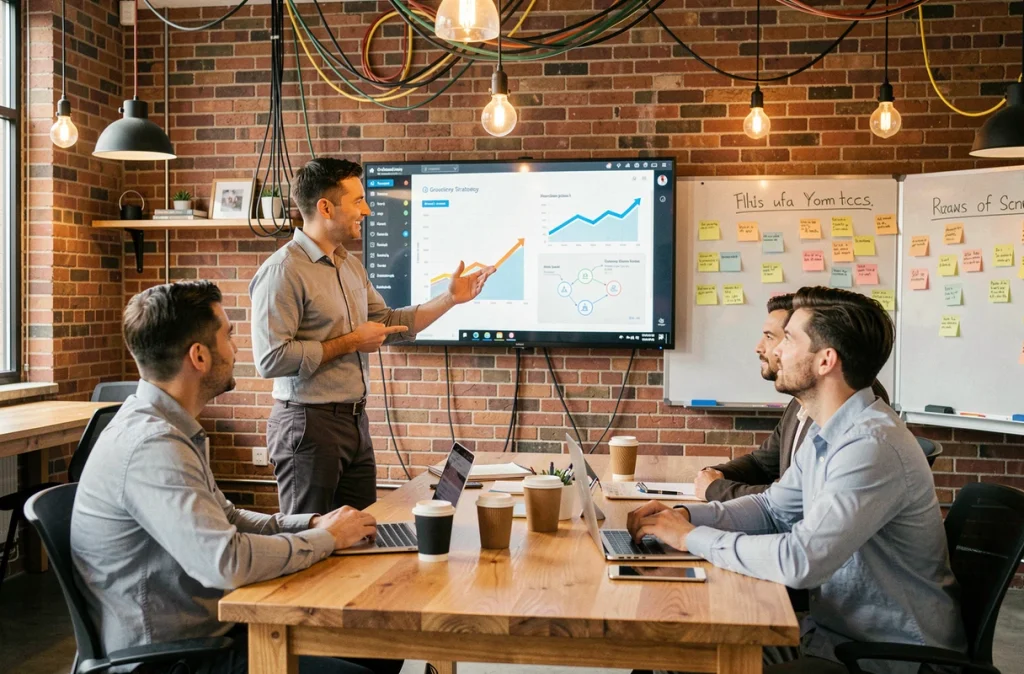 Entrepreneur présentant une stratégie de services numériques innovants sur écran tactile dans un espace de coworking