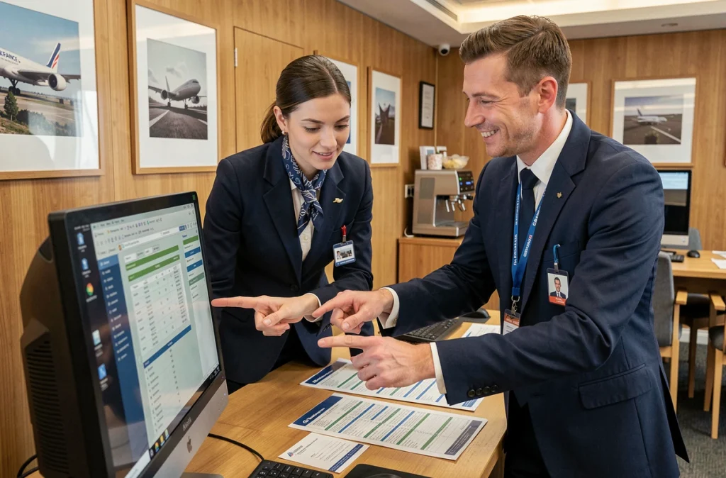 Deux membres d'équipage Air France consultant ensemble le portail Intralignes dans une salle de briefing des équipages
