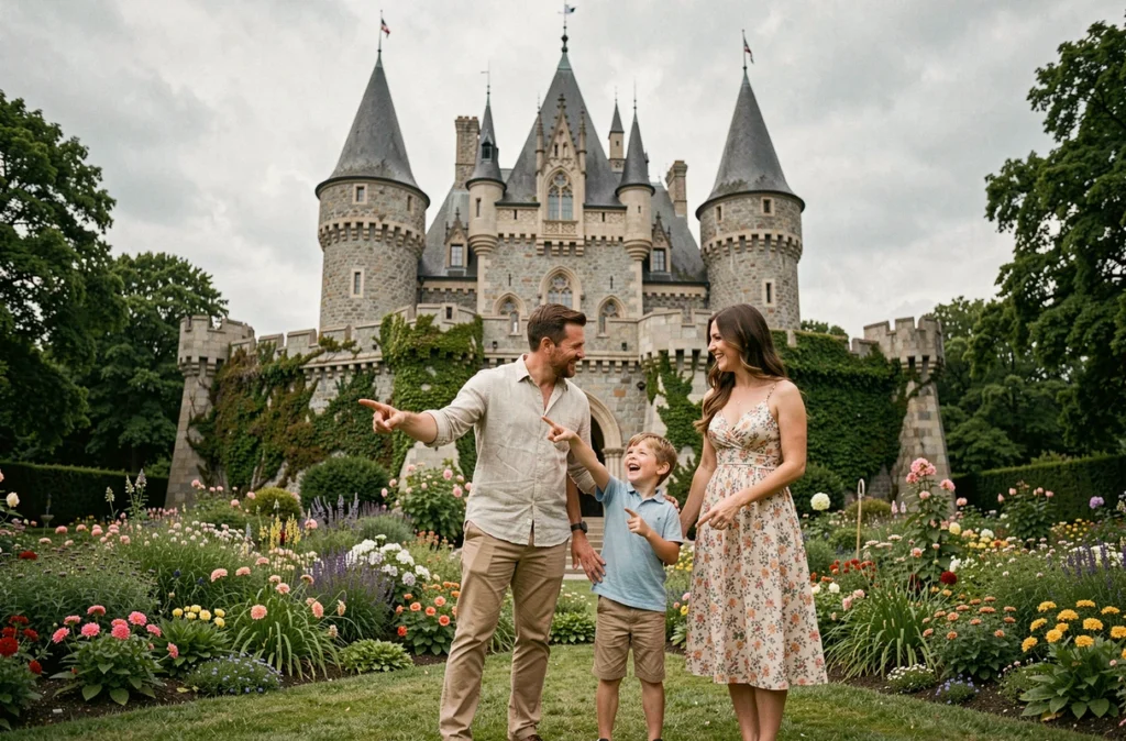 Famille avec enfants émerveillés devant un château de conte de fées lors d'un voyage magique