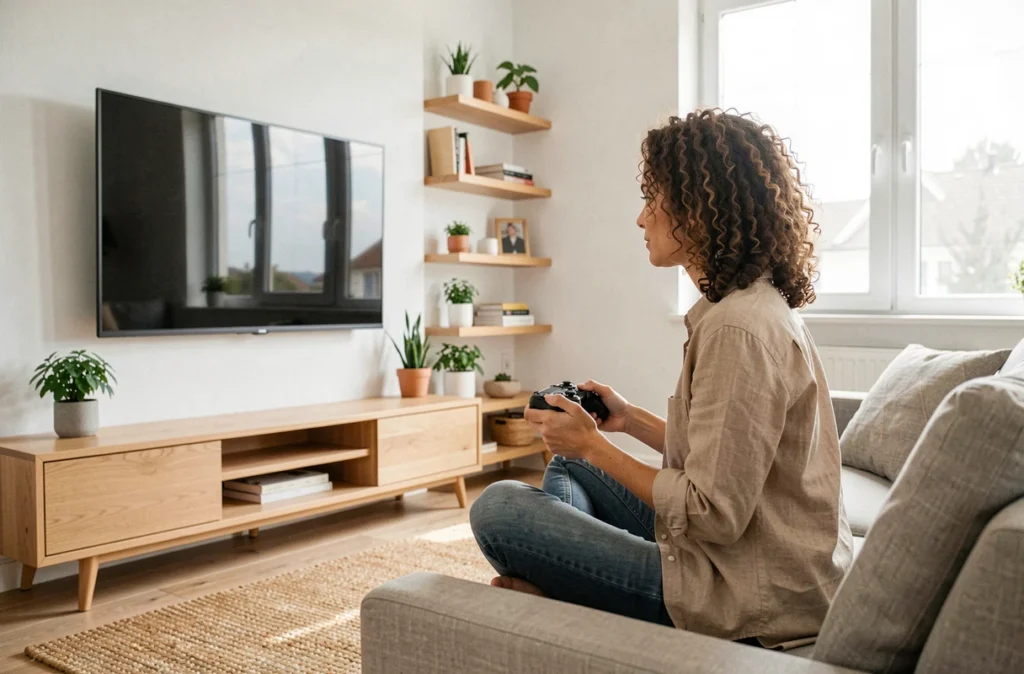 Femme jouant à la console de jeux vidéo dernière génération dans un salon au style scandinave moderne