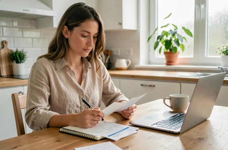 Femme gérant son budget personnel avec des factures et un carnet de notes sur une table en bois dans une cuisine moderne