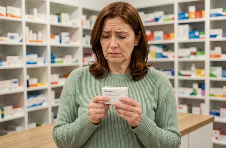 Femme lisant la notice d'un médicament dans une pharmacie, illustrant les questions sur les effets secondaires d'Acthéane