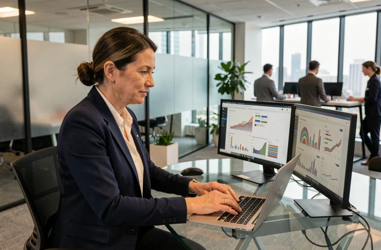 Femme professionnelle analysant des tableaux de bord numériques sur ordinateur portable dans un bureau moderne en 2024
