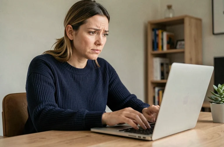 Femme consultant son ordinateur portable avec attention pour naviguer en sécurité sur Internet à domicile