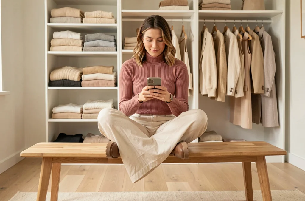 Jeune femme en pantalon lin crème et haut côtelé rose poudré assise dans un appartement scandinave minimaliste avec dressing ouvert