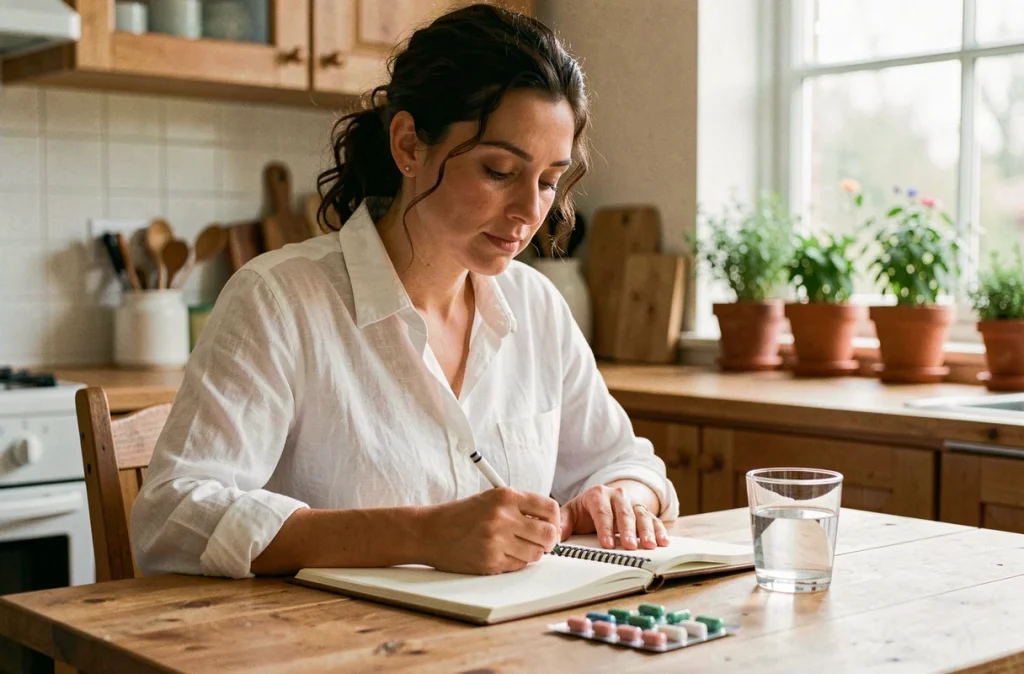 Femme prenant des notes sur son traitement hormonal à la maison, questionnement sur la prise de poids liée à Acthéane