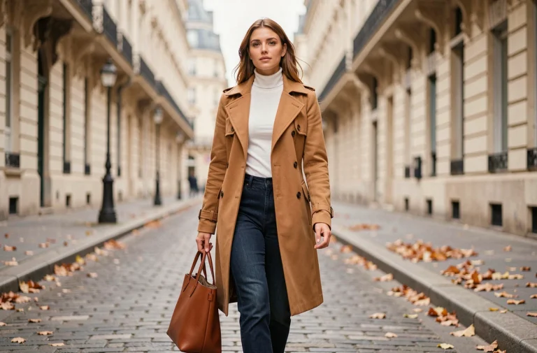 Femme élégante en trench-coat camel marchant dans une rue parisienne pavée en automne, style tendance mode quotidien