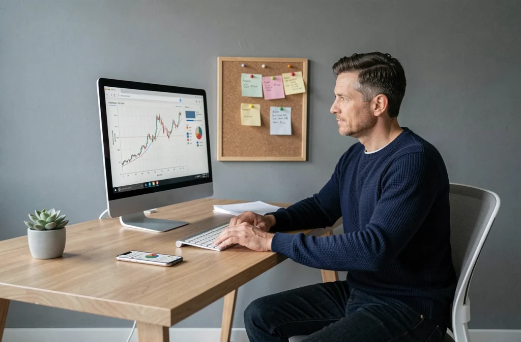 Homme consultant des graphiques de finances personnelles sur un ordinateur dans un bureau à domicile bien organisé