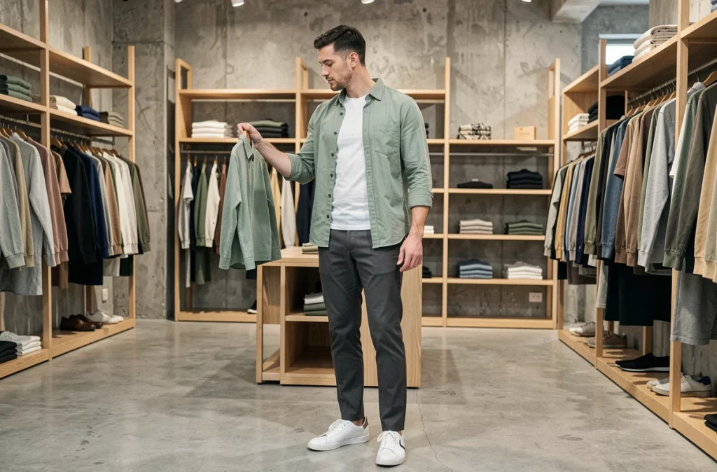 Homme en overshirt vert sauge explorant un concept store moderne au décor minimaliste en béton et bois