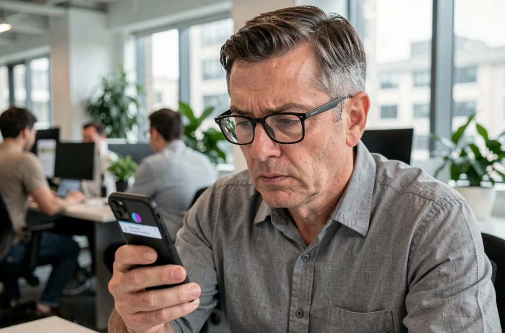 Homme d'affaires vérifiant la sécurité de son smartphone dans un environnement de bureau moderne