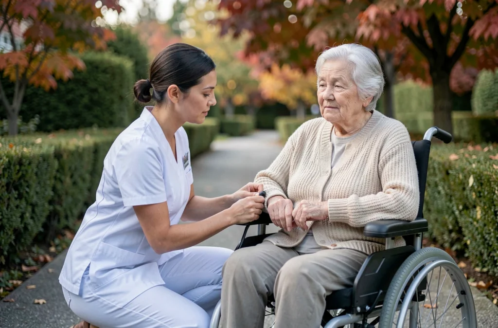 Infirmière prenant le pouls d'une senior en fauteuil roulant dans un jardin, soins à domicile et suivi médical pour personnes âgées