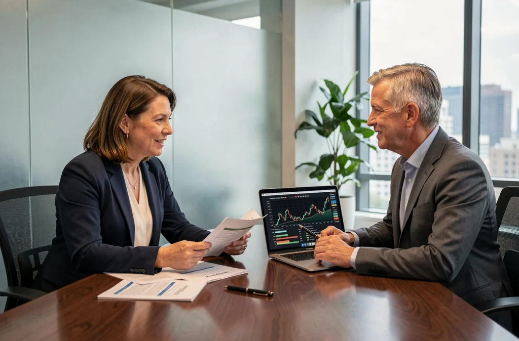 Deux investisseurs analysant des rapports financiers et un portfolio numérique dans une salle de réunion moderne avec vue sur la ville