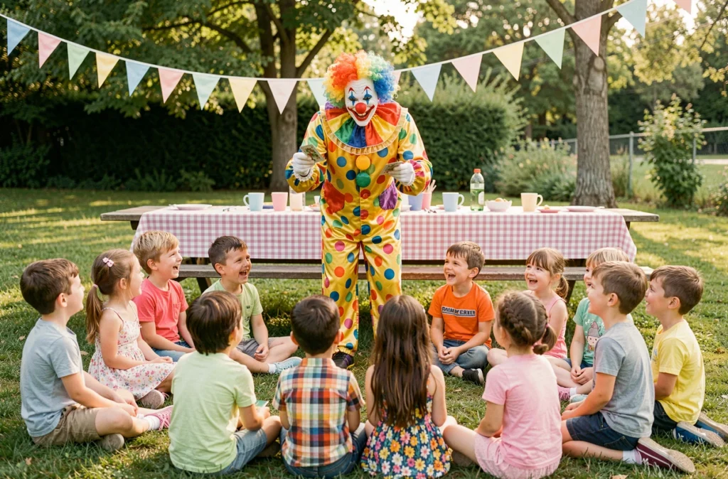 Magicien clown en costume coloré réalisant un tour de cartes devant des enfants enthousiastes lors d'un anniversaire en plein air