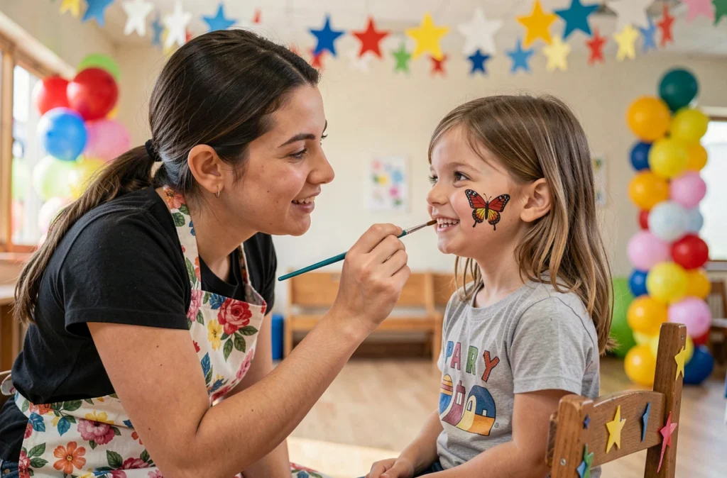 Maquilleuse professionnelle peignant un papillon sur le visage d'une petite fille souriante lors d'un atelier anniversaire en intérieur