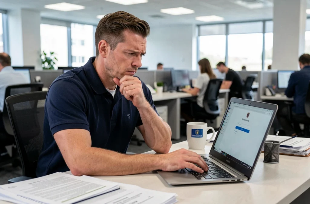 Policier en tenue civile bloqué sur l'écran de connexion e-campus Police, regardant son ordinateur portable avec une expression perplexe dans un bureau administratif