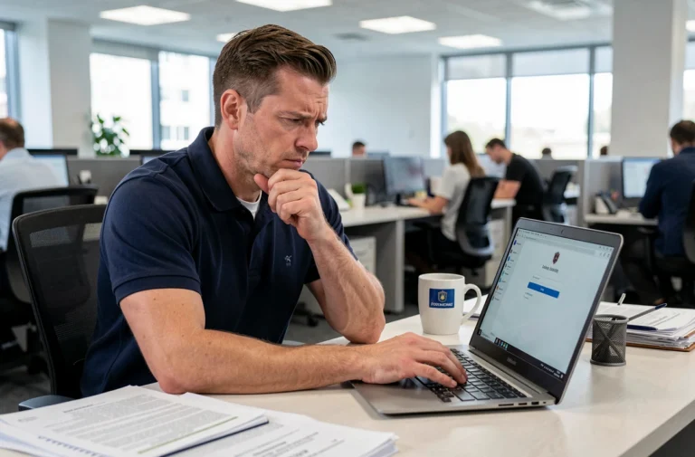 Policier en tenue civile bloqué sur l'écran de connexion e-campus Police, regardant son ordinateur portable avec une expression perplexe dans un bureau administratif