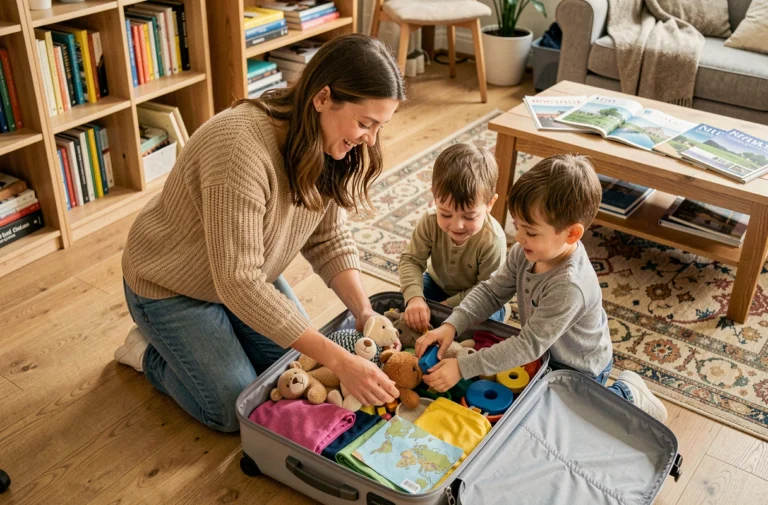 Mère et enfants préparant les valises pour un voyage en famille plein de magie et d'aventures