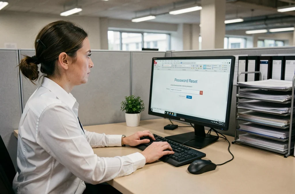 Agente administrative de police réinitialisant son mot de passe sur e-campus depuis un poste de travail de bureau avec un formulaire de réinitialisation affiché à l'écran