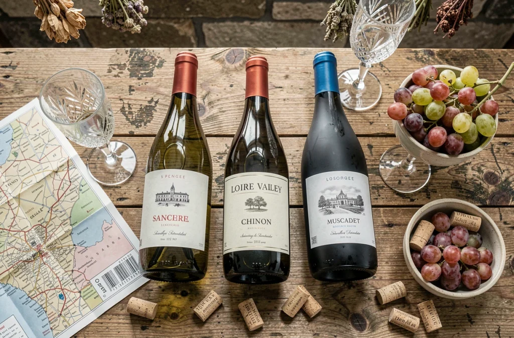 Sélection de bouteilles de vins de Loire en flat lay, Sancerre, Chinon et Muscadet présentés pour une dégustation de célébration