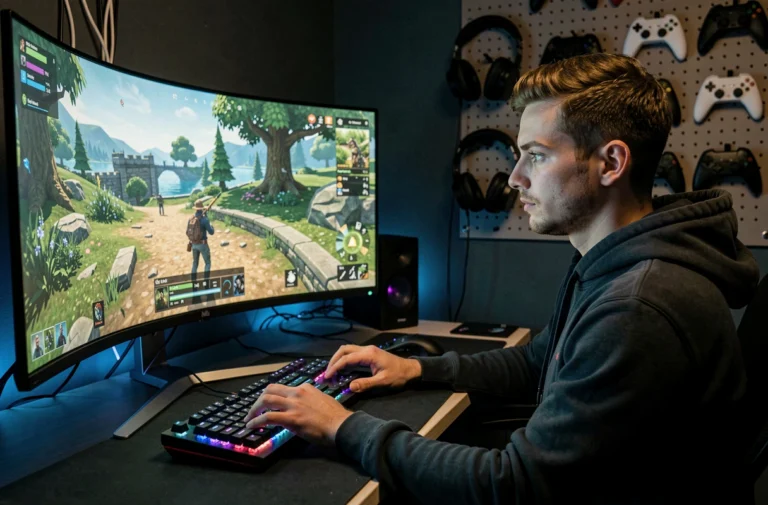 Jeune homme jouant à un jeu vidéo sur un setup gaming haut de gamme avec écran incurvé ultra-wide et clavier mécanique RGB