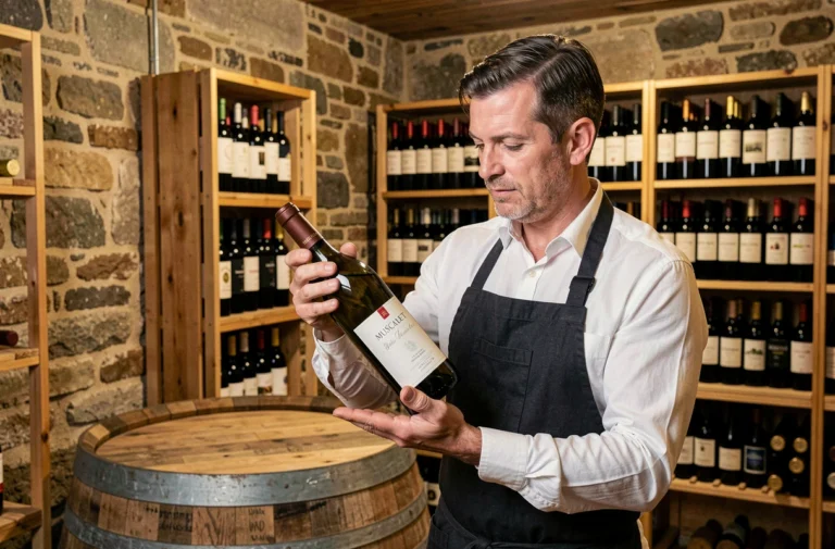 Sommelier inspectant une bouteille de vin de Loire dans une cave en pierre, idéal pour choisir un vin d'exception pour les célébrations