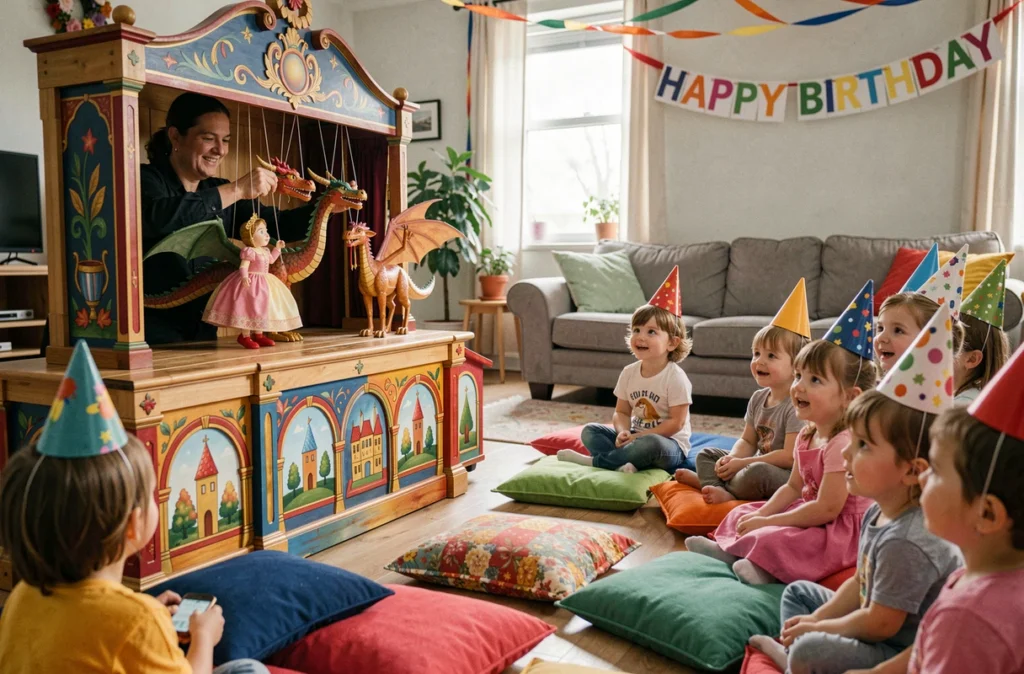 Spectacle de marionnettes avec dragon et princesse devant un public d'enfants en chapeaux de fête assis sur des coussins colorés lors d'un anniversaire