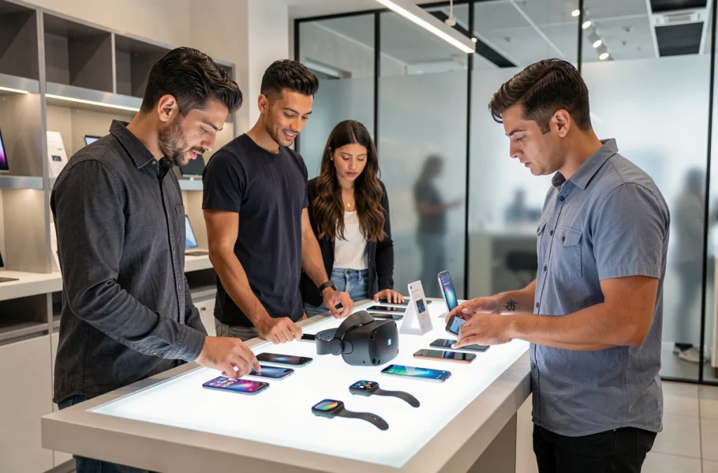 Groupe de jeunes adultes découvrant les dernières tendances high-tech, smartphones et casques VR dans un magasin d'électronique