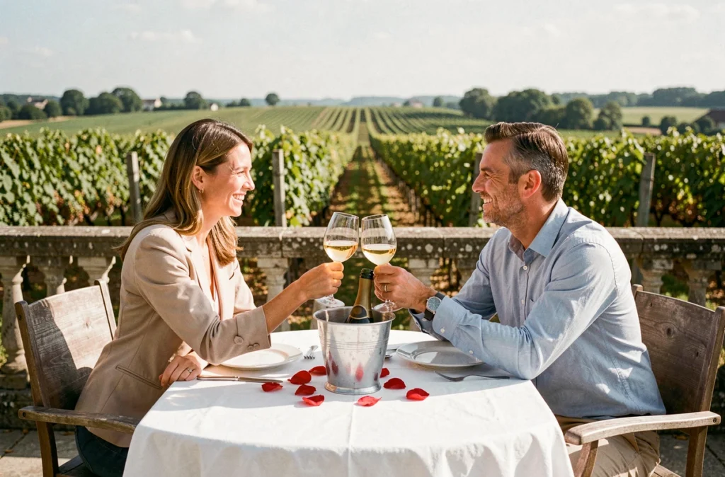 Couple portant un toast avec un verre de Vouvray sur une terrasse de vignoble en Loire, célébration avec un grand vin blanc