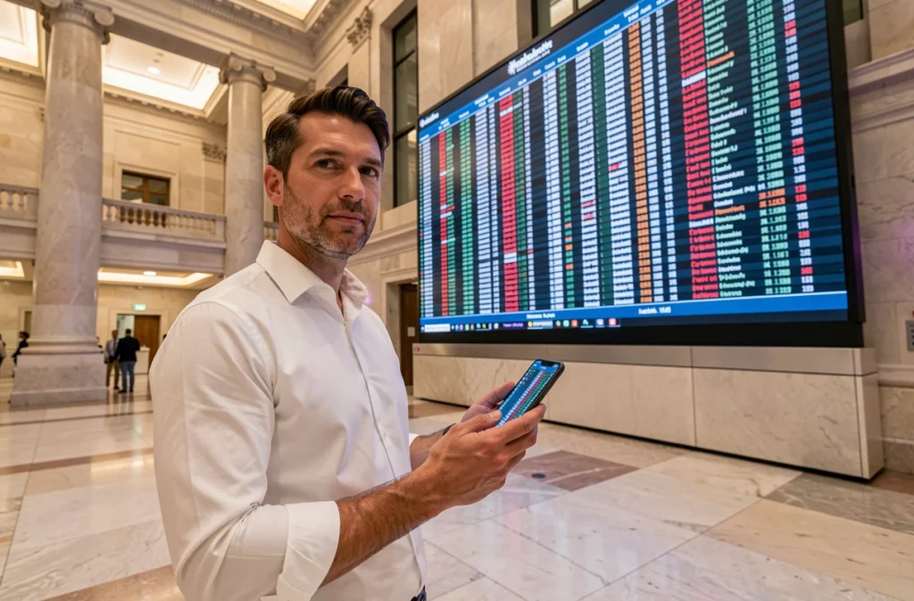 Trader masculin consultant des données boursières en temps réel sur smartphone dans une grande salle des marchés