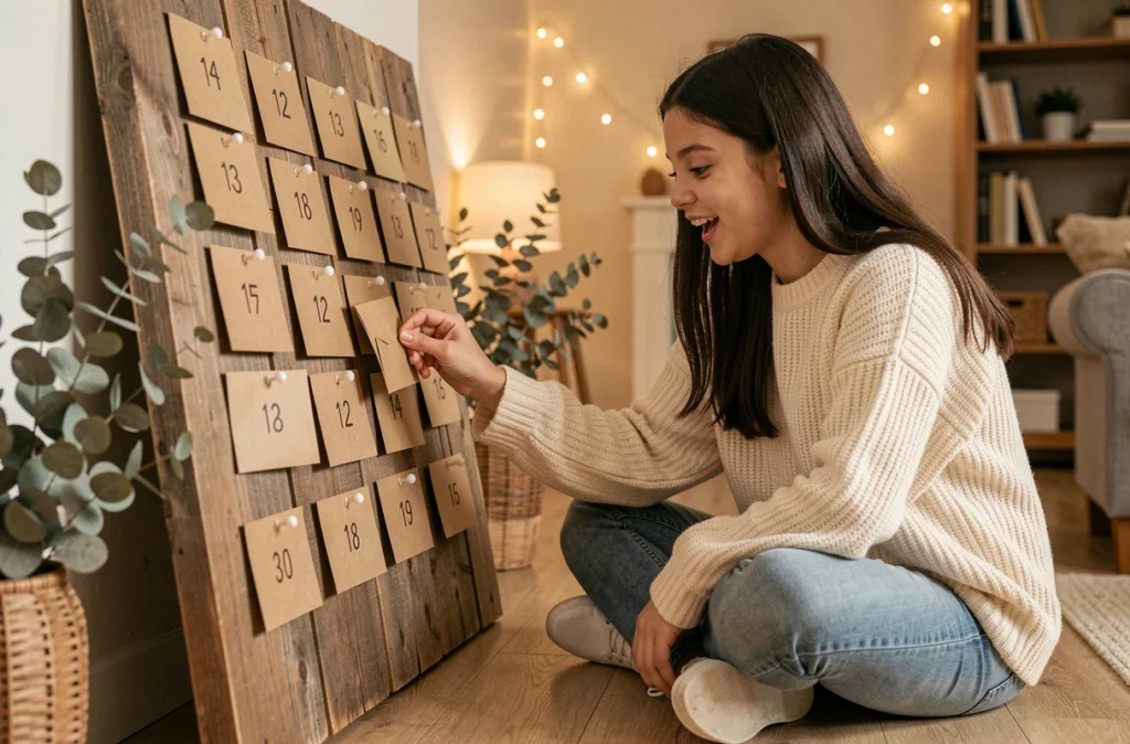 Adolescente ouvrant une case de son calendrier de l'Avent artisanal fait d'enveloppes kraft numérotées, assise sur un plancher en bois dans un salon cosy
