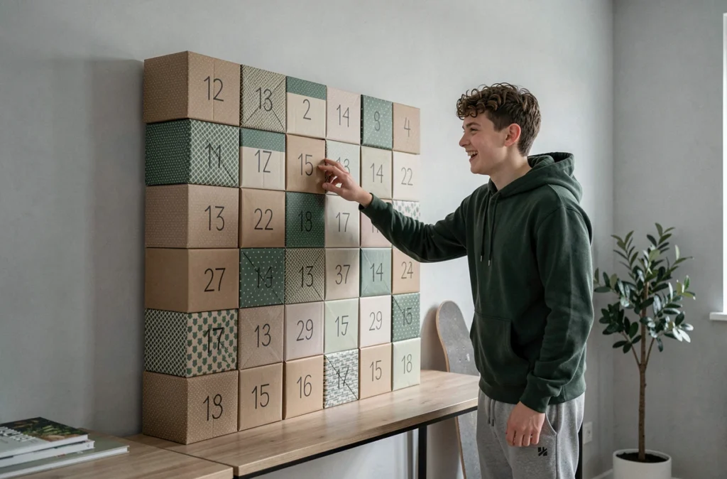 Adolescent souriant attrapant une boîte numérotée sur un grand calendrier de l'Avent fait maison dans une chambre moderne minimaliste