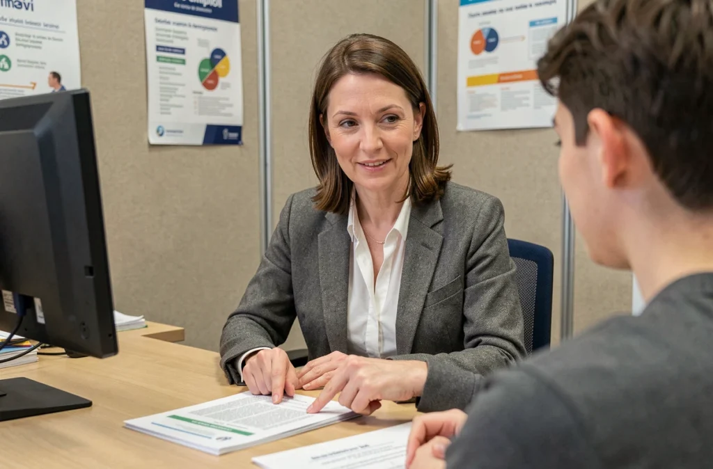 Conseillère Pôle emploi expliquant les étapes pour déclarer un service civique à un jeune demandeur