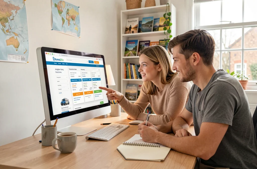 Couple planifiant un voyage sécurisé en ligne sur Rome2Rio depuis un bureau à domicile avec carnets et guides de voyage