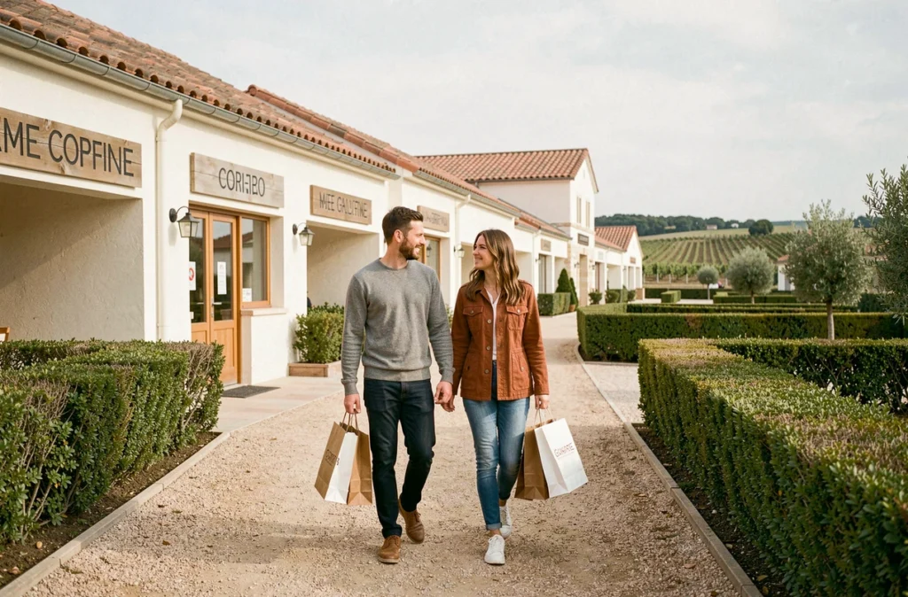 Couple se promenant dans un village de magasins d'usine en Gironde avec des sacs de shopping de marques