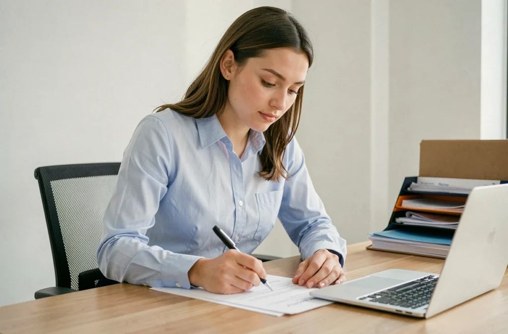 Jeune femme remplissant un formulaire administratif pour déclarer un service civique à Pôle emploi