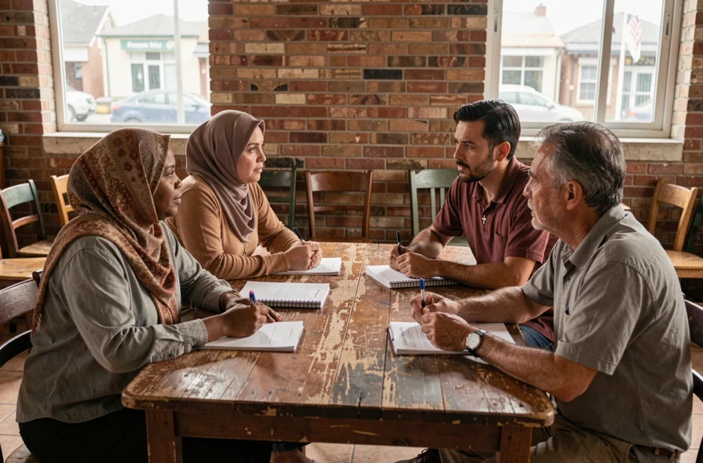 Groupe de personnes croyantes et non-croyantes en dialogue autour d'une table dans une salle communautaire