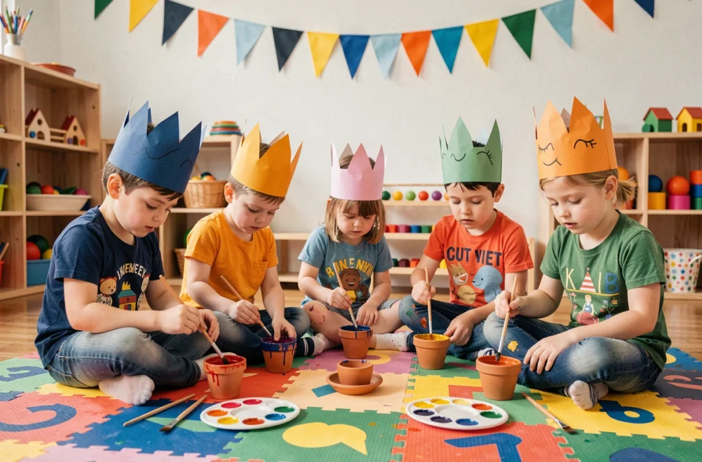 Groupe d'enfants créant des activités manuelles lors d'un anniversaire original dans une salle de jeux décorée