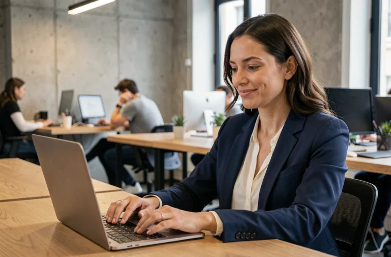 Femme professionnelle suivant une formation digitale sur ordinateur portable dans un espace de coworking à Paris