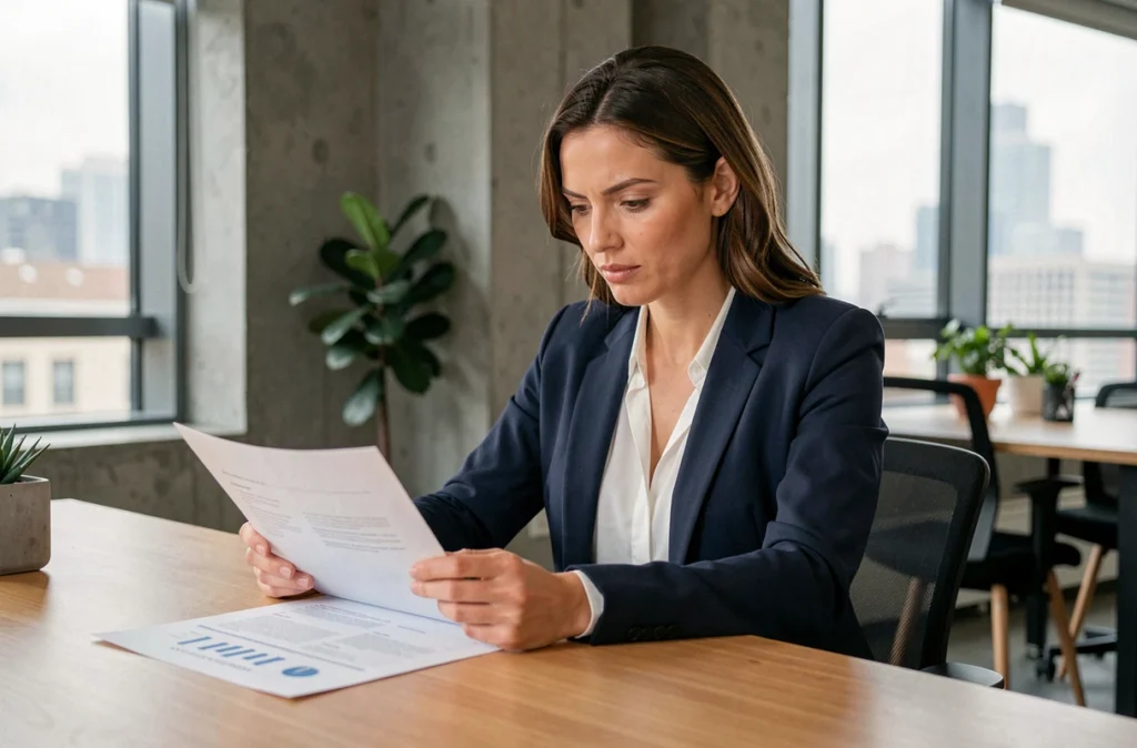 Femme professionnelle analysant une stratégie business dans un espace de coworking moderne