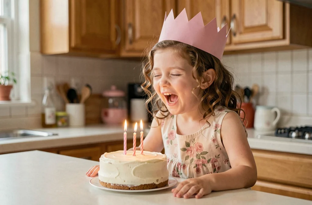 Petite fille souriante soufflant les bougies de son gâteau d'anniversaire dans une cuisine familiale chaleureuse